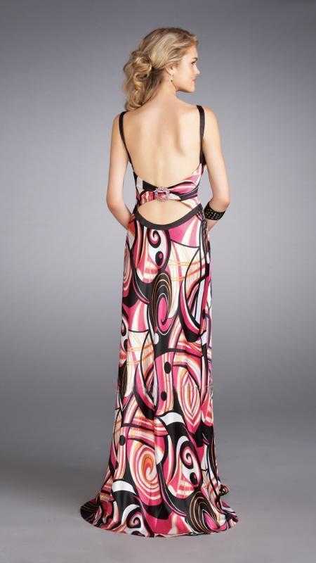 La Femme, La Femme - 13262 Vibrantly Print V-Neck Sheath Gown with a Brooch Accent