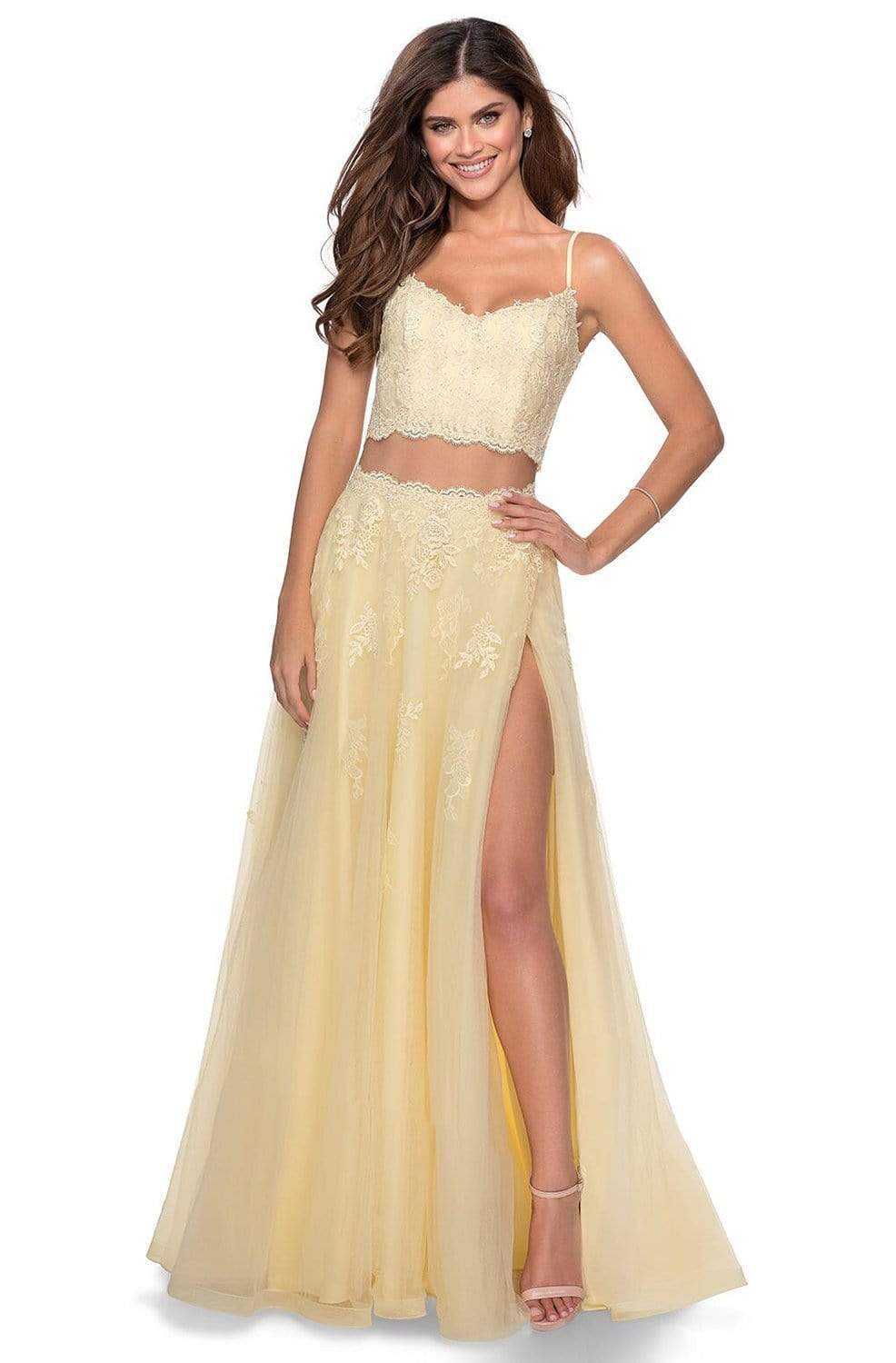 La Femme, La Femme - Two Piece Floral Adorned Tulle A-line Gown 2871SC - 1 pc Pale Yellow In Size 4 Available