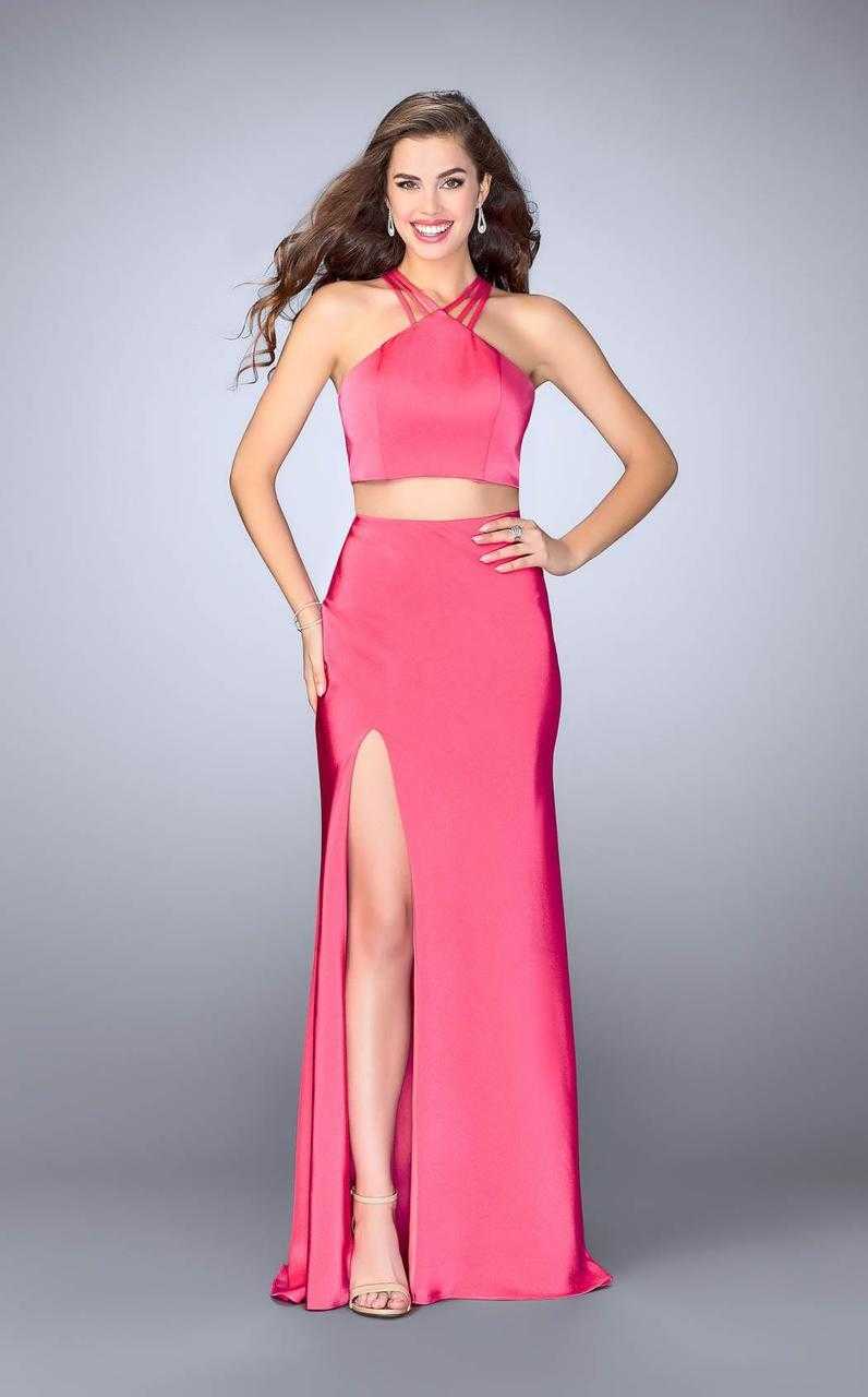 La Femme, La Femme - Two Piece Halter Strappy Open Back Jersey Dress 24324SC - 1 pc Hot Pink In Size 4 Available