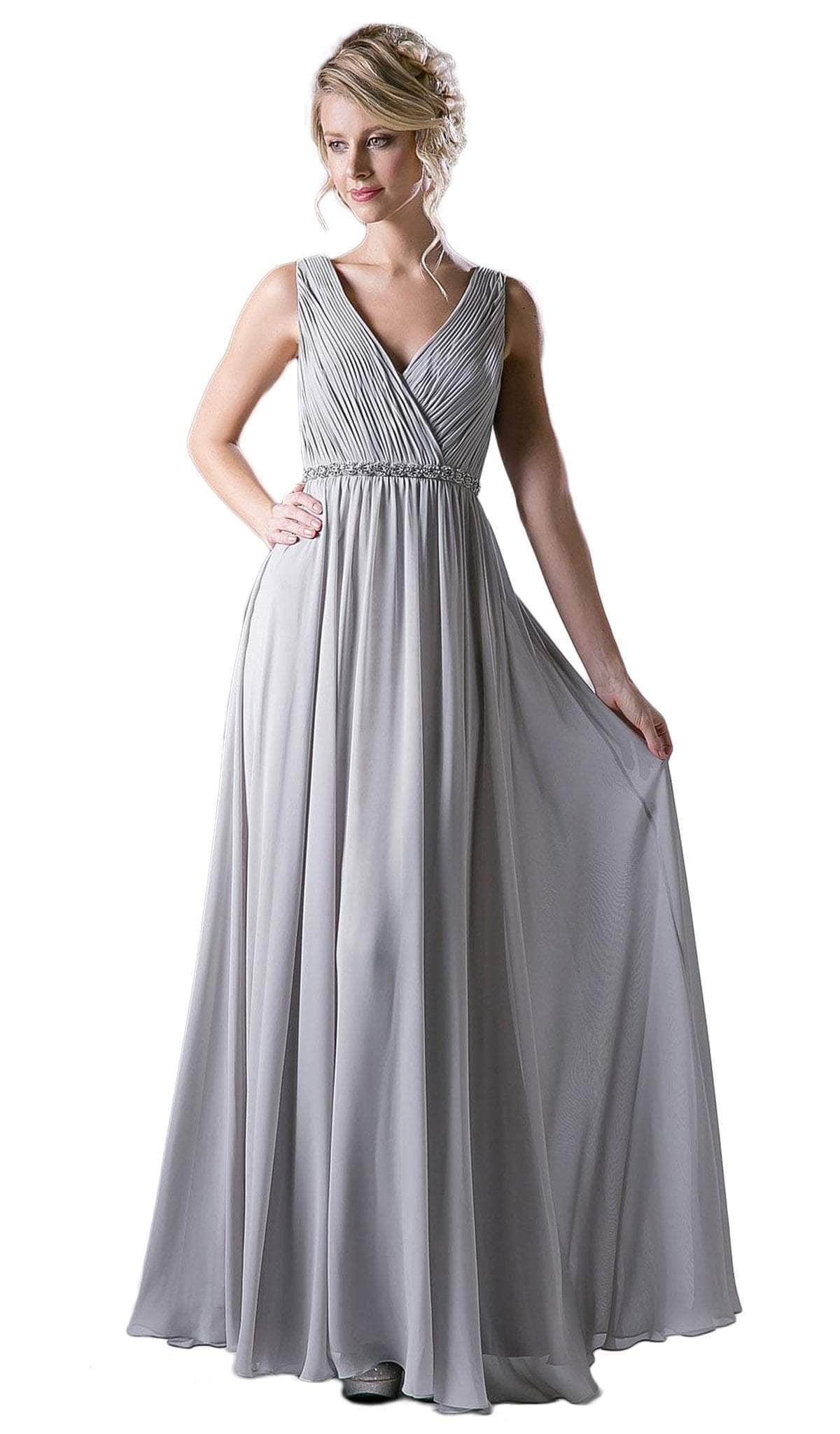 Ladivine, Ladivine 1001 - Adorned Surplice Pleated V-neck A-line Dress