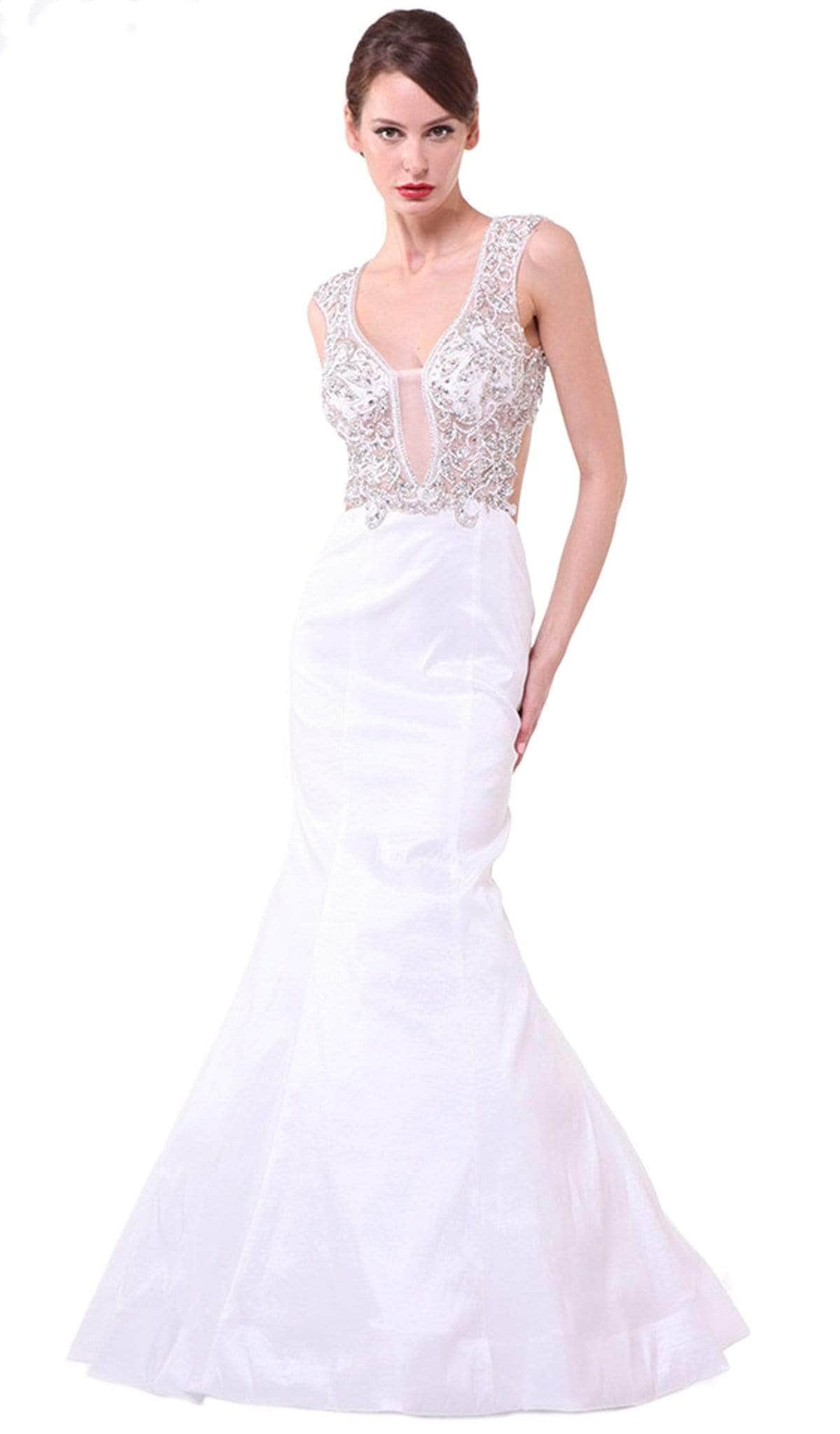 Ladivine, Ladivine 8788 - Plunging Illusion Notched Embellished Long Gown