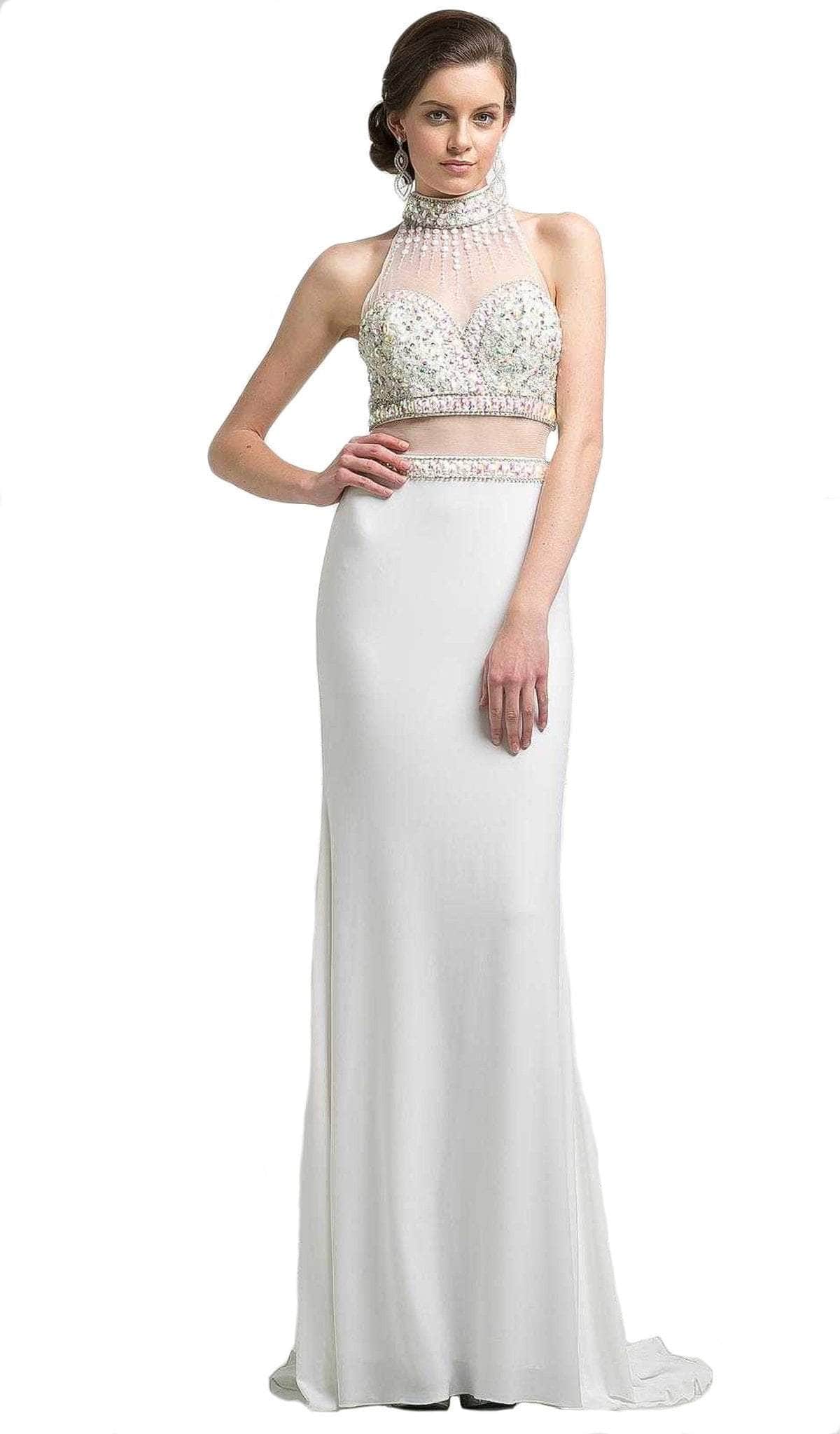 Ladivine, Ladivine KD087 - Beaded High Neck Faux Two-Piece Sheath Long Gown