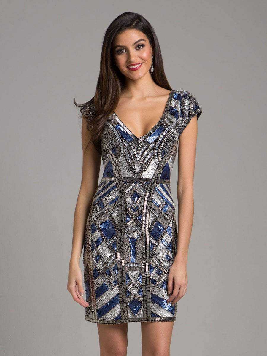 Lara Dresses, Lara Dresses - 29909 Cap Sleeve Geometric Beaded Short Dress