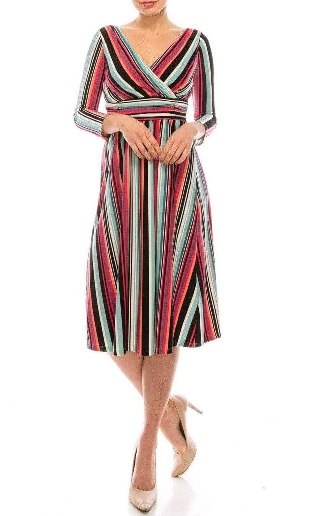 London Times, London Times - T4898M Stripes V Neck A-Line Dress