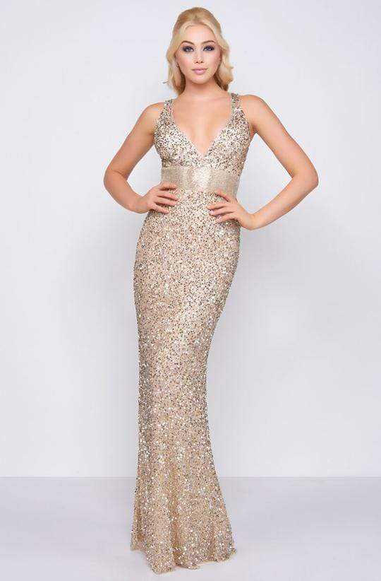 Mac Duggal, Mac Duggal - Sequined Plunging V-Neck Sheath Dress 4930L - 1 pc Nude/Gold in Size 12 Available