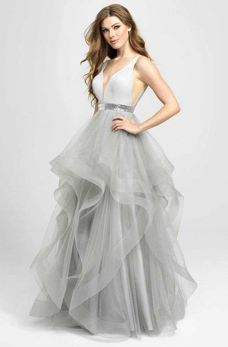 Madison James, Madison James - 19-138 Sleeveless Plunging V-Neck Ruffled Evening Gown - 1 pc Silver in Size 6 and 1 pc Pink in size 6  Available