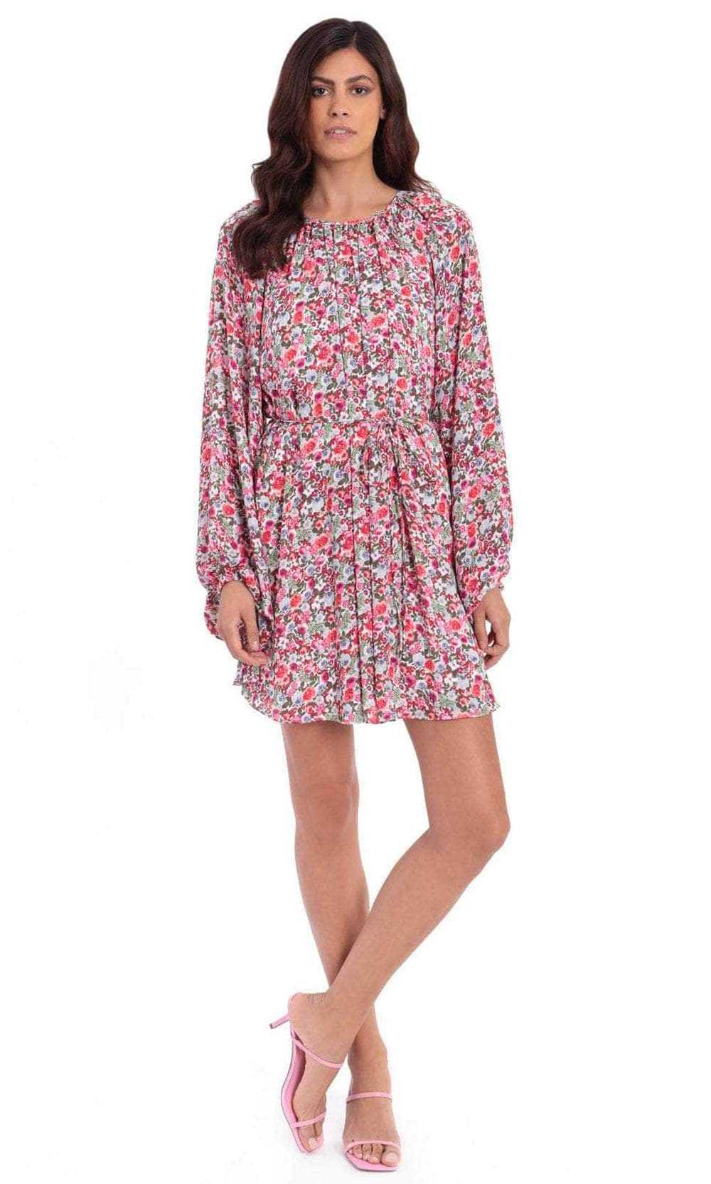 Maggy London, Maggy London G4849M - Bishop Sleeve Floral A-Line Short Dress