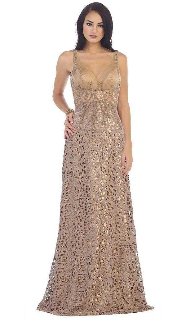 May Queen, May Queen - Bedazzled V-Neck Sheath Evening Gown RQ7470 - 1 pc Mocha In Size 18 Available