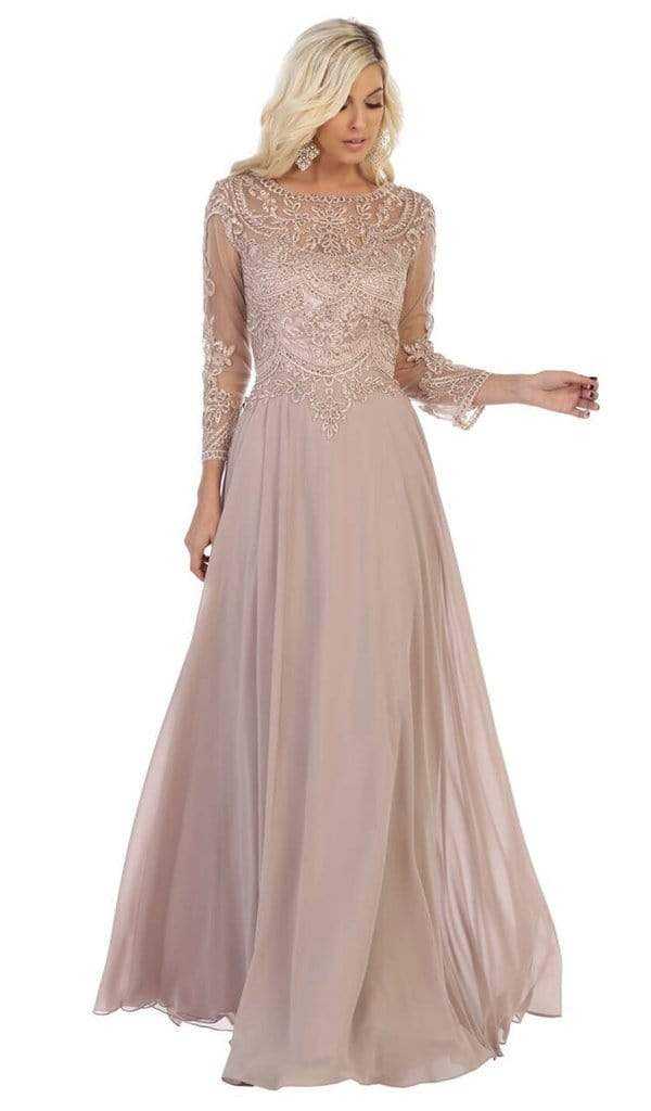 May Queen, May Queen - Embroidered Bateau Long Sleeve A-line Gown MQ1615