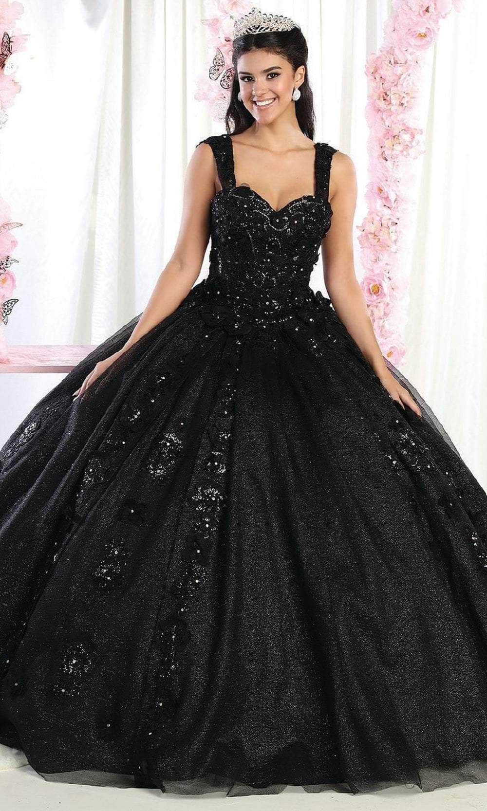 May Queen, May Queen LK171 - Wide Strap Floral Glitter Ballgown