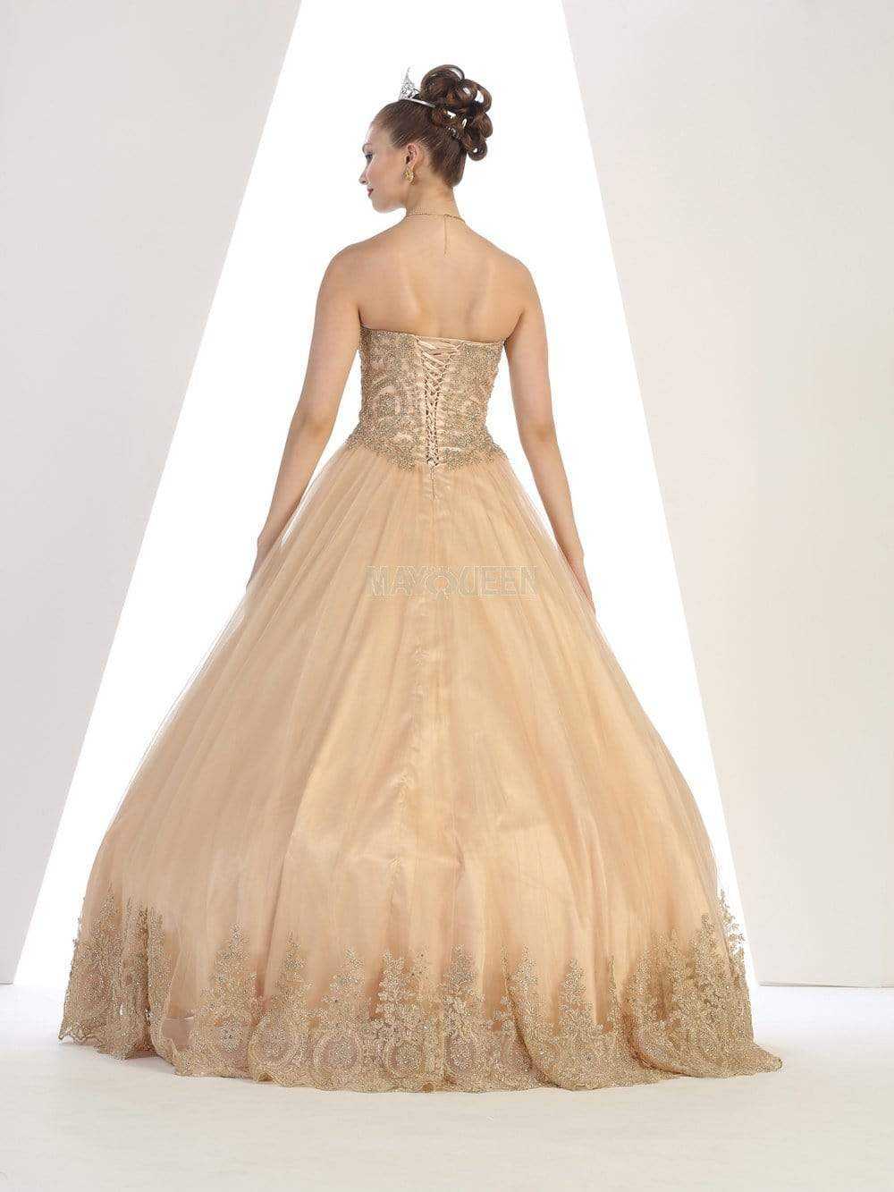 May Queen, May Queen - LK73 Strapless Sweetheart Gold Lace Embellished Ballgown