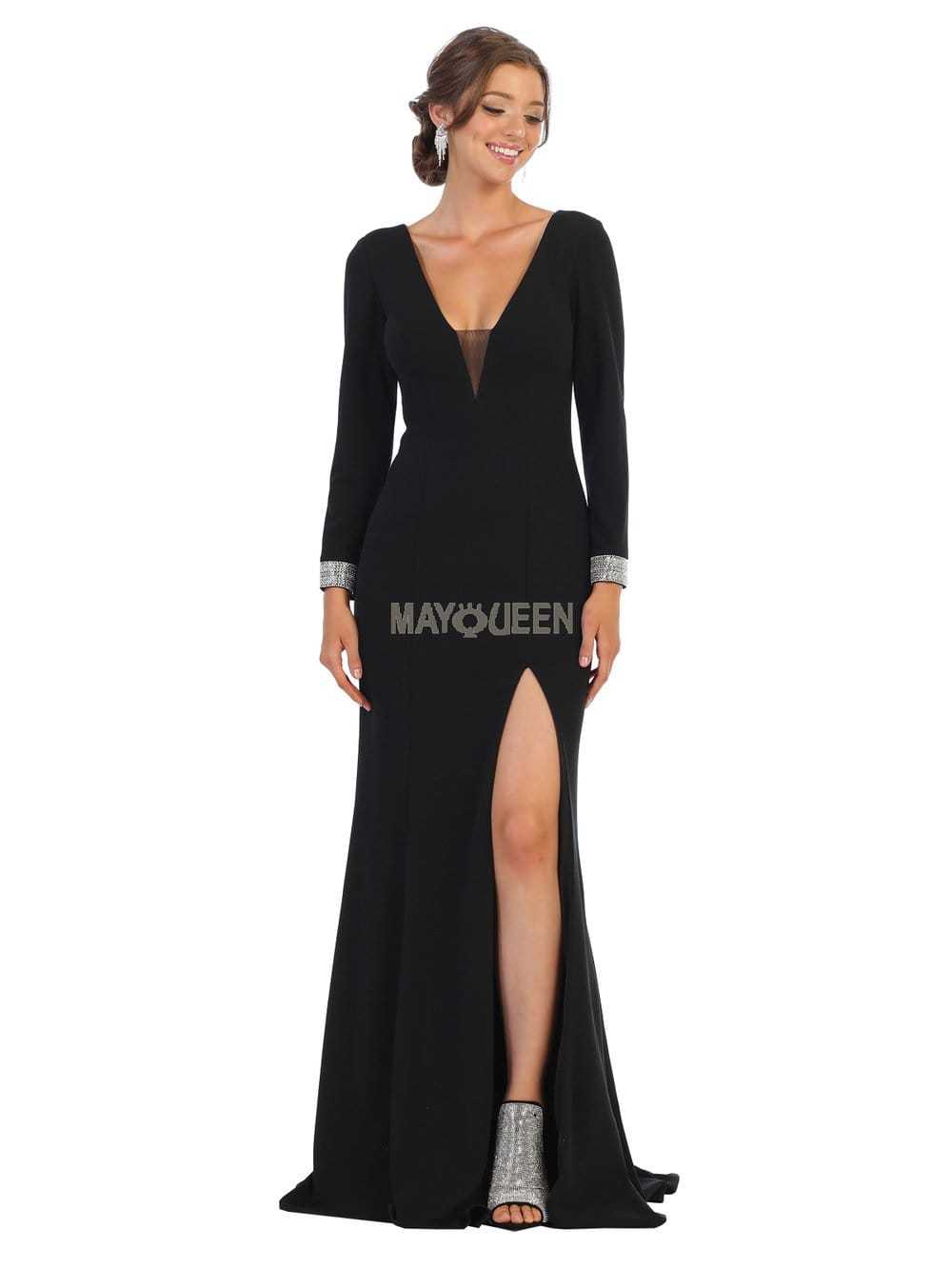 May Queen, May Queen - MQ1761 Plunging V-Neck Long Sleeves Dress with Slit