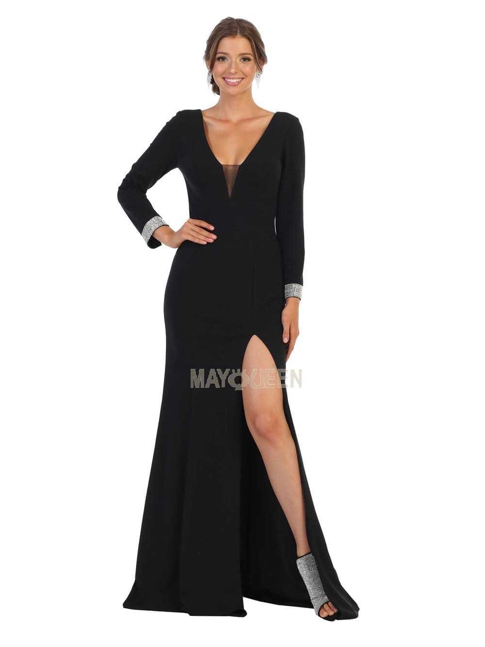 May Queen, May Queen - MQ1761 Plunging V-Neck Long Sleeves Dress with Slit