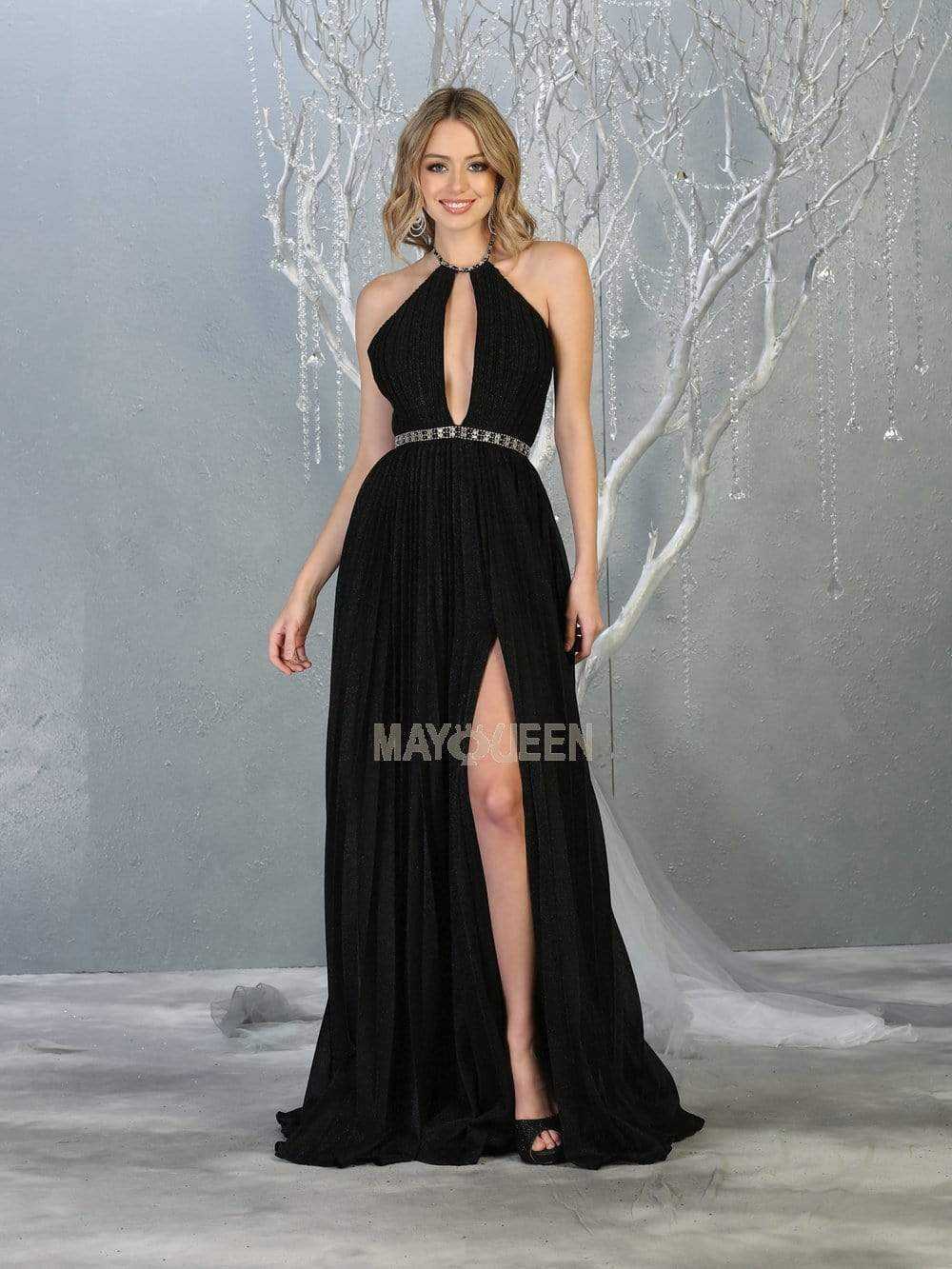 May Queen, May Queen - MQ1764 Ruched Halter A-Line Dress with Slit