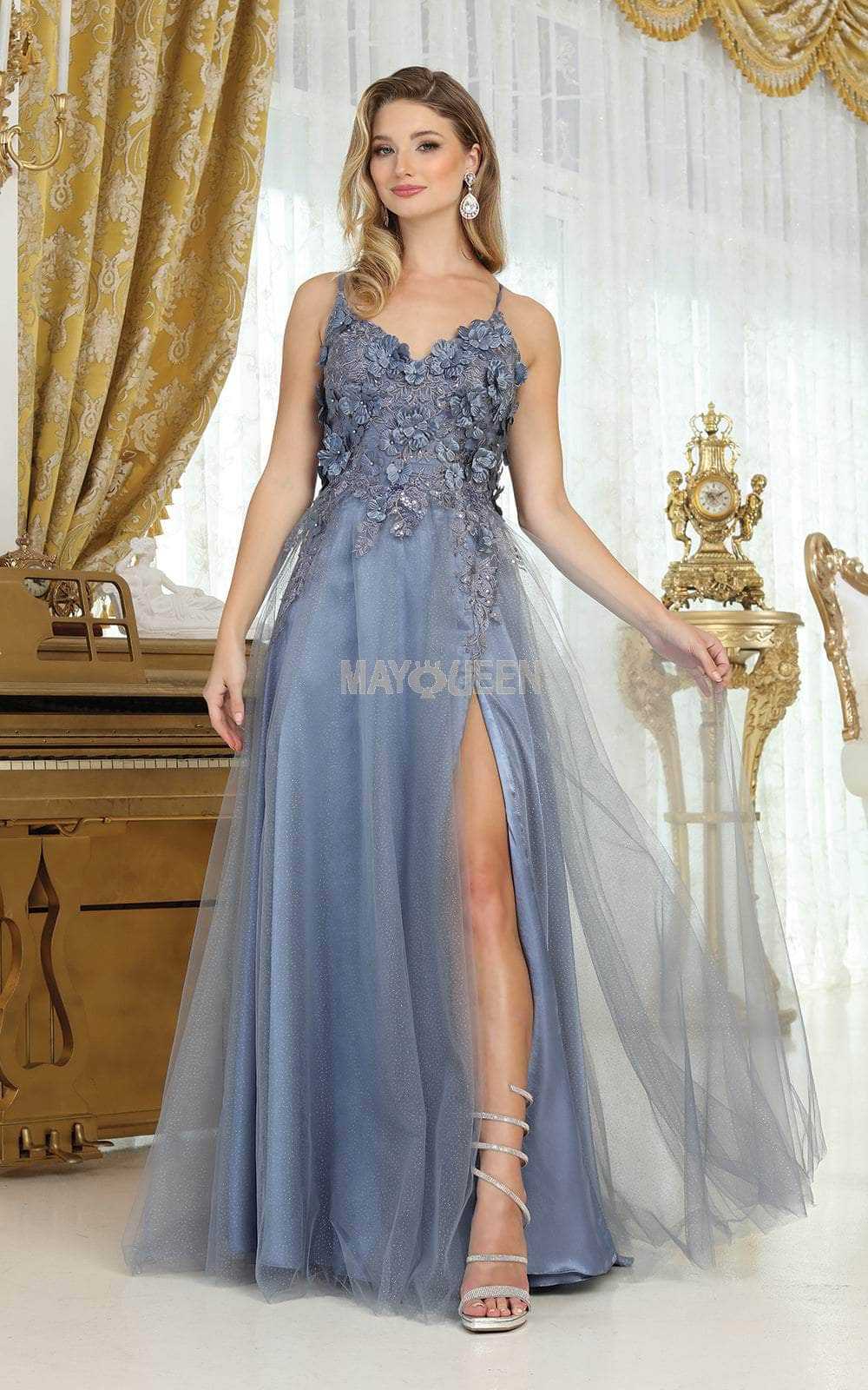 May Queen, May Queen MQ2016 - V-Neck 3D Floral Appliqued Prom Gown