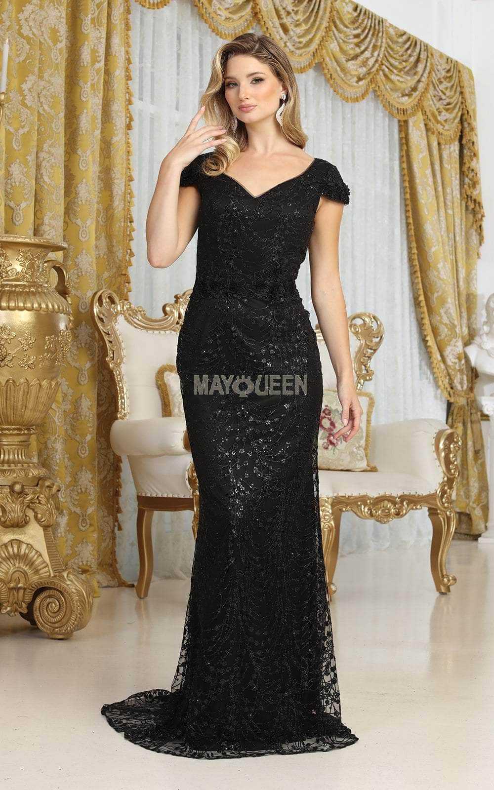 May Queen, May Queen MQ2062 - Cap Sleeve Glitter Evening Dress
