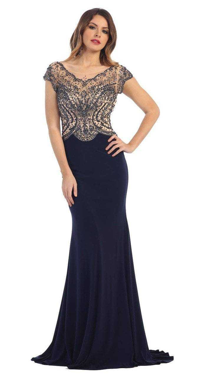 May Queen, May Queen RQ7310 Illusion Embellished Bodice with Cap Sleeve Sheath Dress - 1 pc Black in Size 6 Available