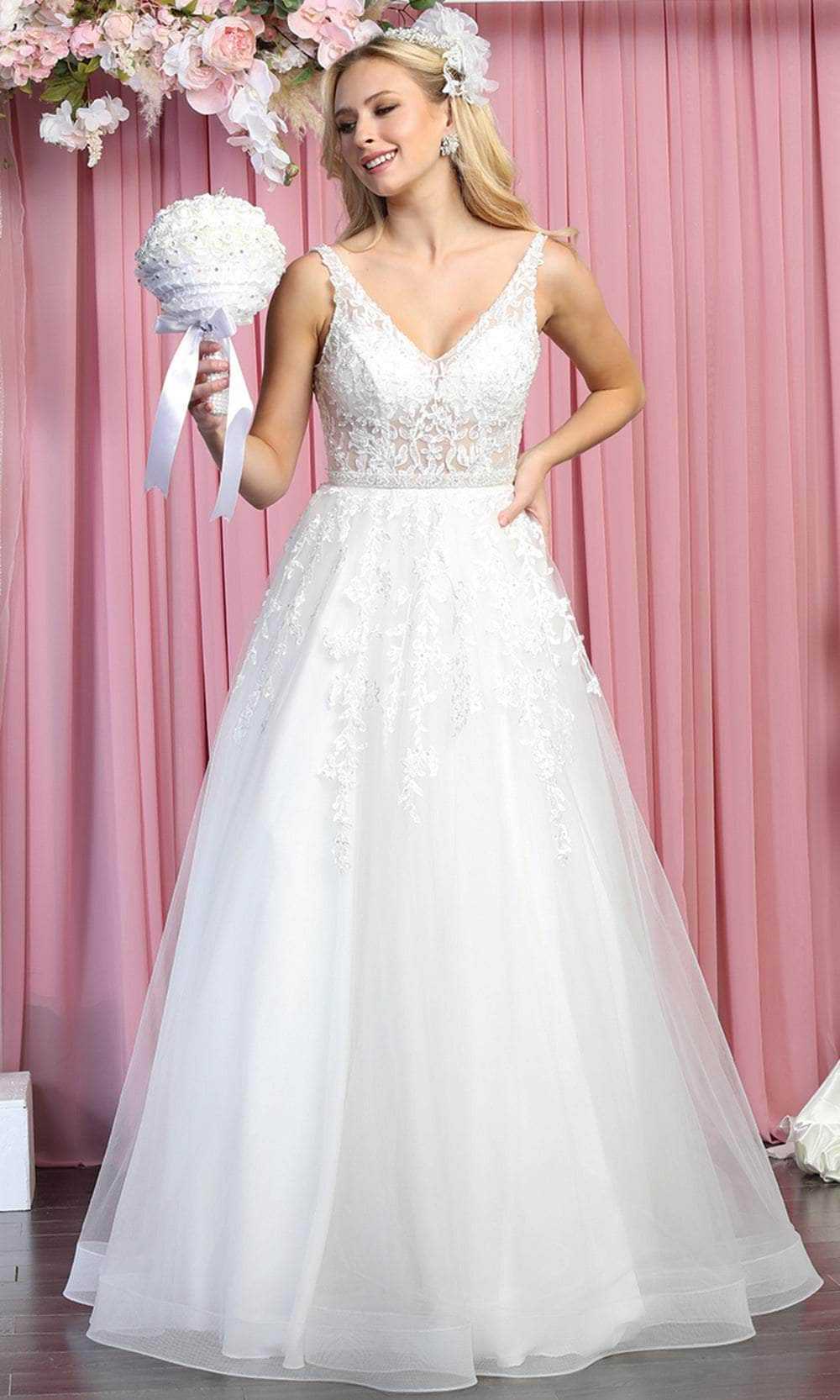 May Queen, May Queen RQ7888 - Sleeveless Sheer V-neck Wedding Gown